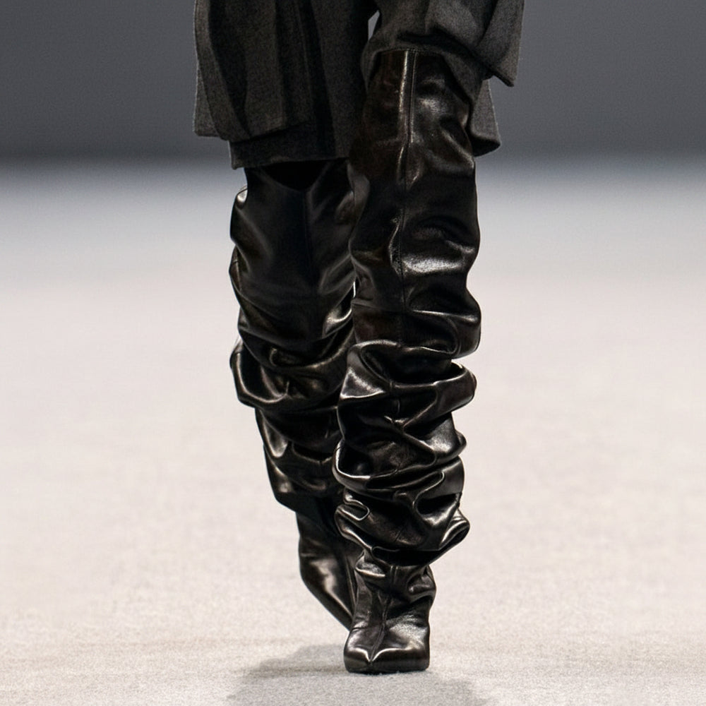 Person wearing a dark suit with ruched black pants on a neutral background