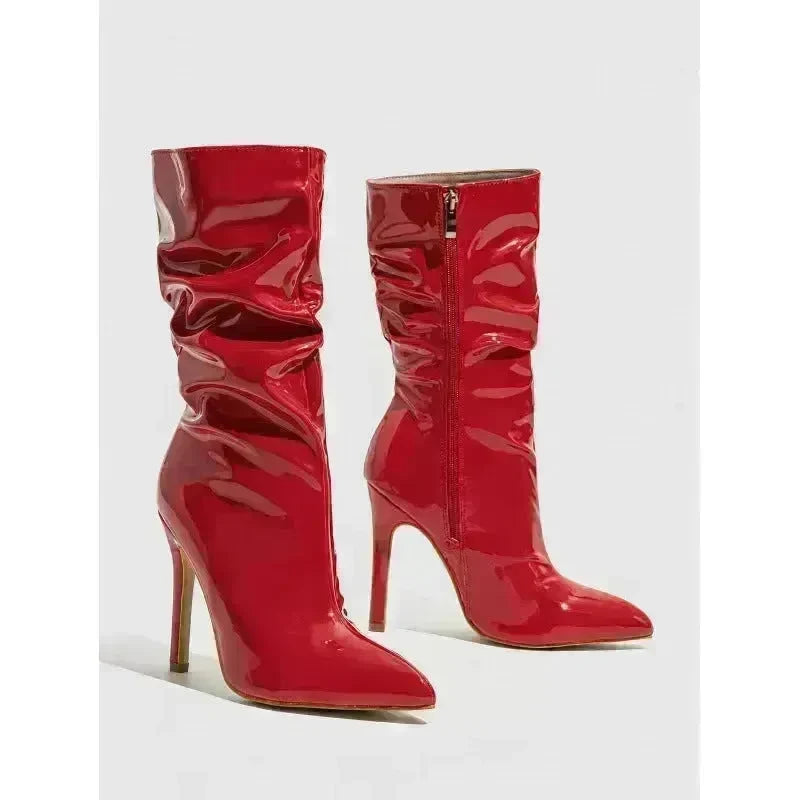 Patent Leather High Heel Pointed Stiletto Heel Pile Style Boots - EX-STOCK CANADA