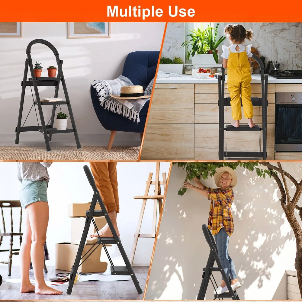 3-Step Folding Ladder, 330lbs Load Capacity, Lightweight 6.94lbs With 1.57in Folding Width, Heavy Duty Steel Construction, Non-Slip Pedals & Feet, Safety Lock, Multi-Use For Home Kitchen Living Room EX-STOCK