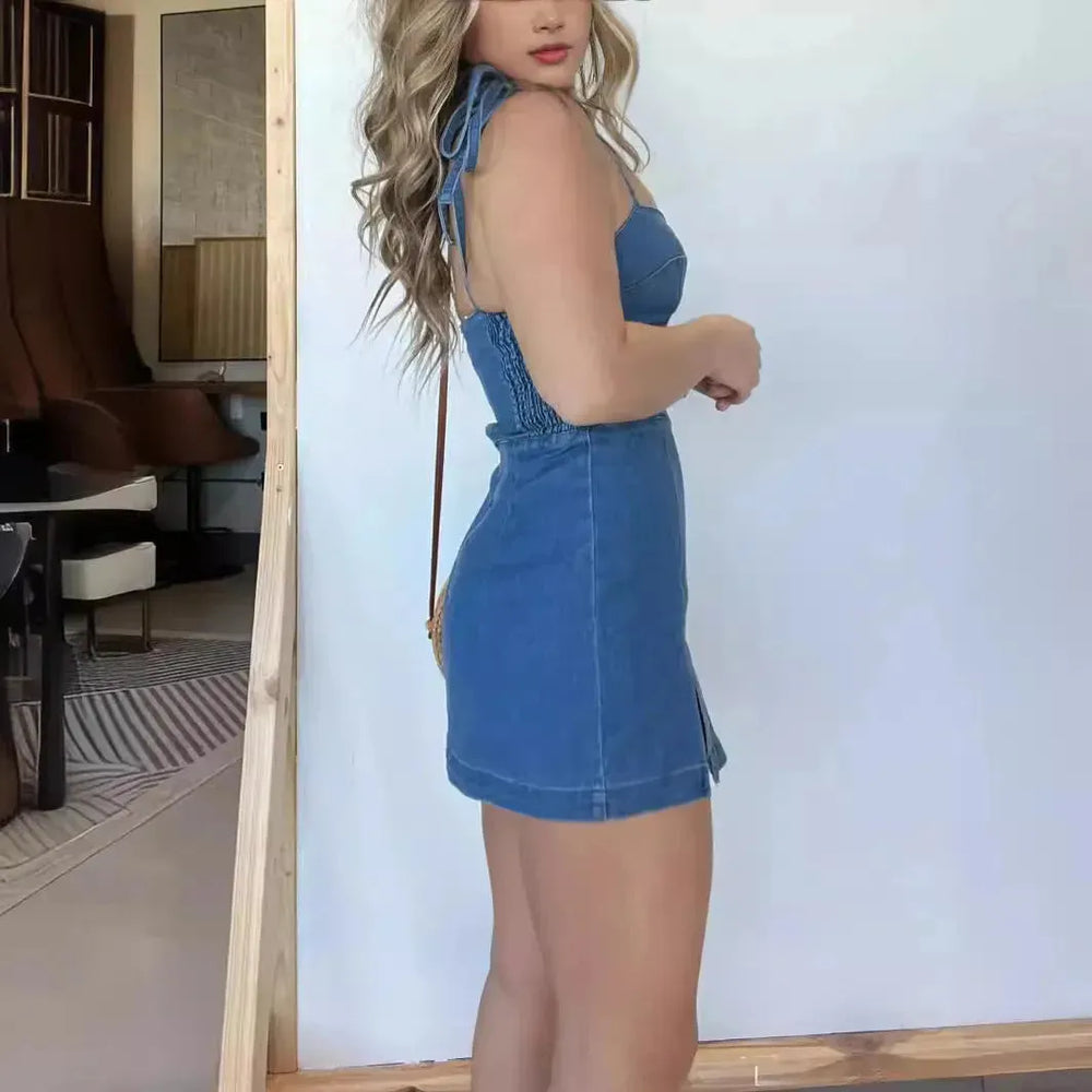 Fashion Slim Fit Slit Sling Denim Mini  sleeveless Dress Women - EX-STOCK CANADA