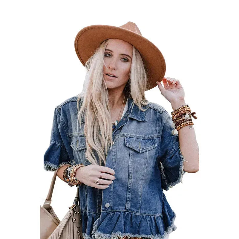 Ruffled Short Sleeves Tops For Women Loose Denim Jacket - EX-STOCK CANADA