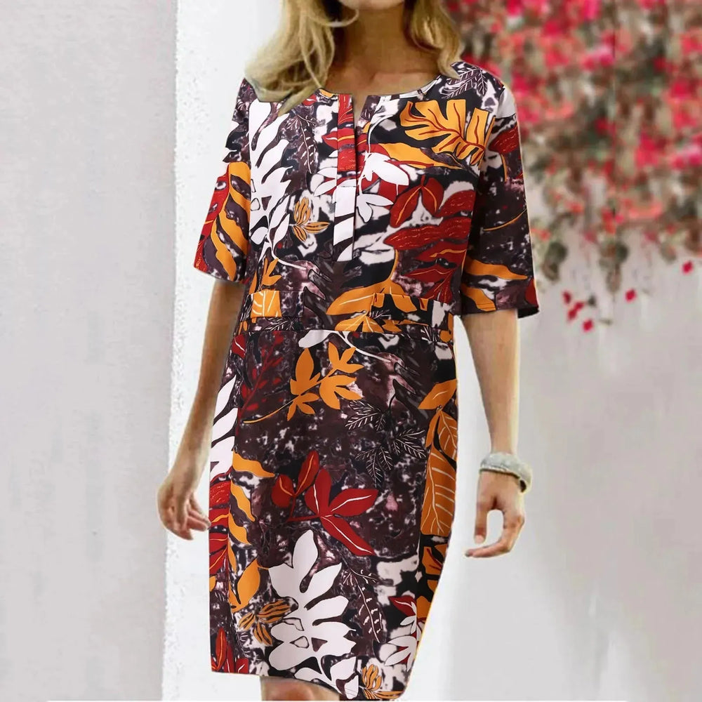 Vintage Dress Women Summer Floral Leaf Print Slit Round Neck Half Sleeve Dresses - EX-STOCK CANADA