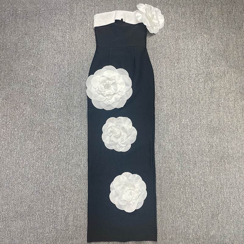 Embroidered Flower Black Long Tube Top Dress Wedding Evening Party Cocktail Dress - EX-STOCK Canada