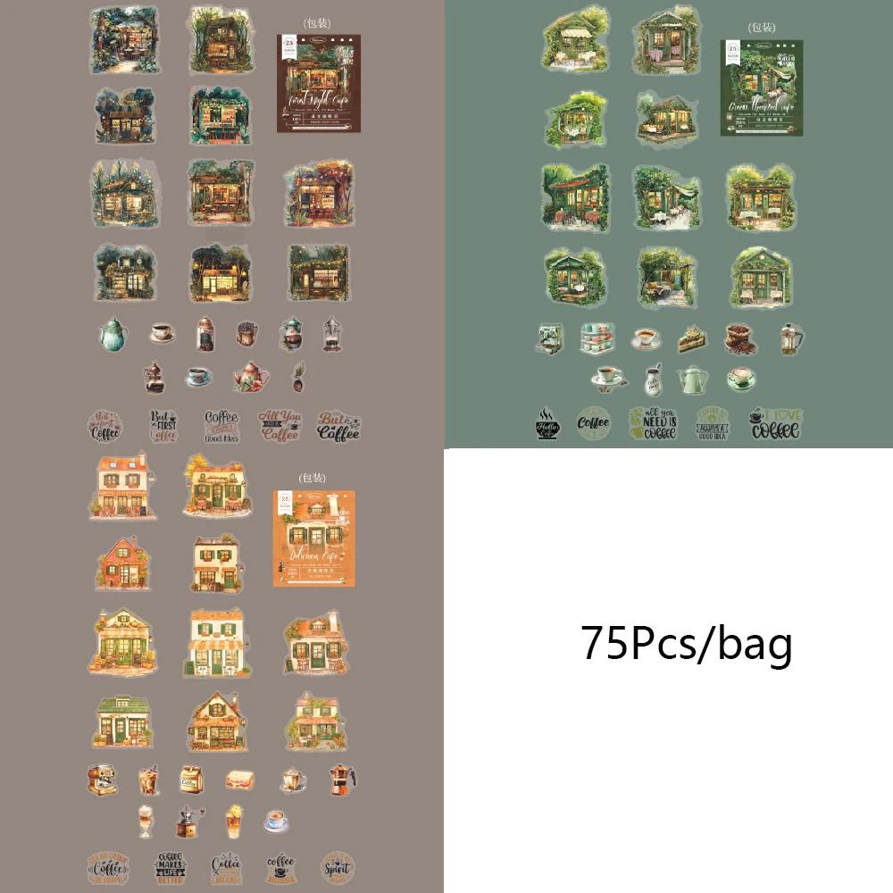 A collage showing many small illustrated coffee-themed sticker or decal designs arranged in two colored panels, with the text '75Pcs/bag' on a white section. The designs include coffee cups, storefronts, mugs, and decorative labels.