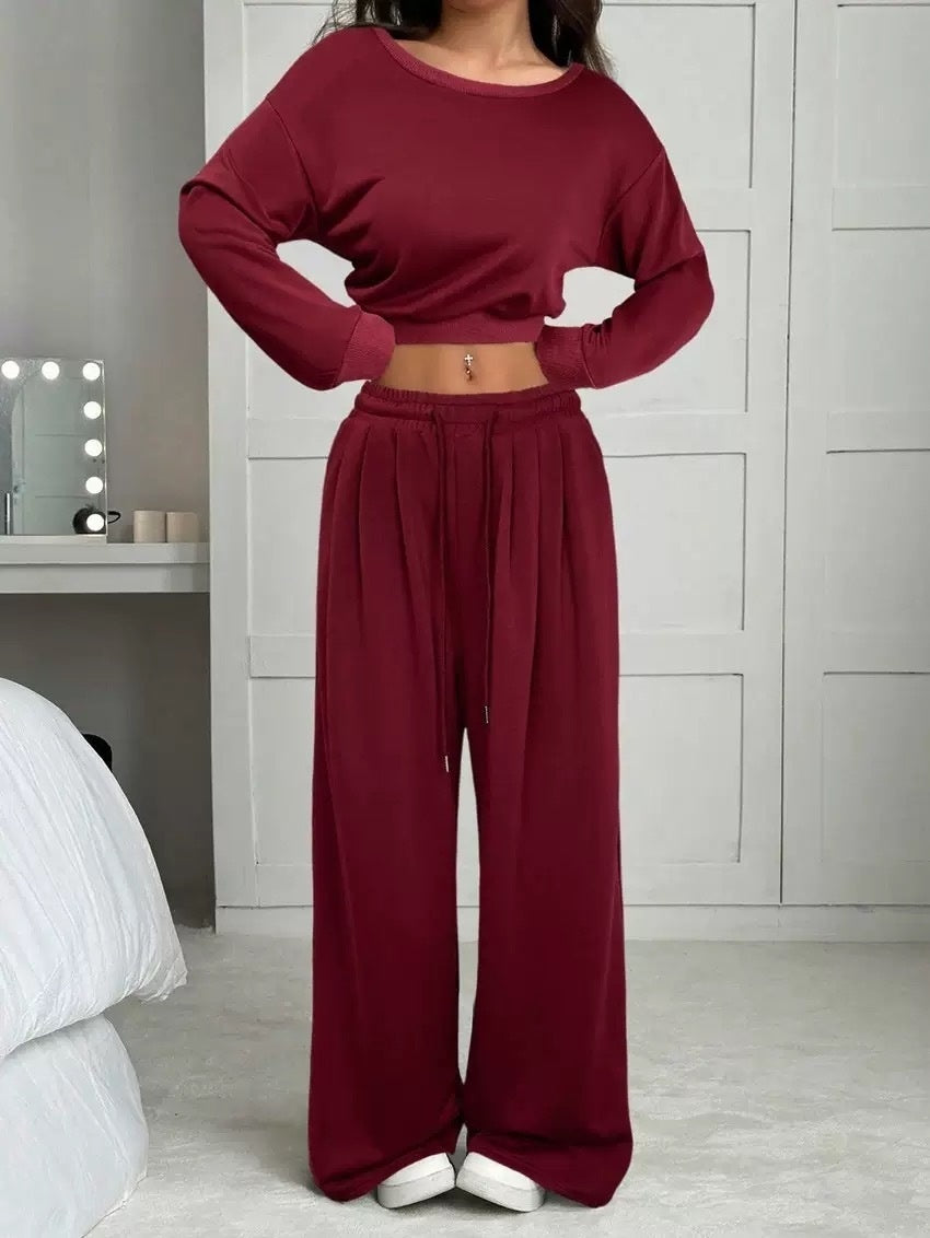 Women's Multi-Colour 2-Piece Off-Shoulder Loungewear Set, Cropped Long-Sleeve Top and Wide-Leg Pants, S–2XL