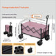 A pink foldable utility wagon with black metal frame and wheels, shown on a light gray infographic background with dimensions, load capacity, folded size, material details, and feature callouts.