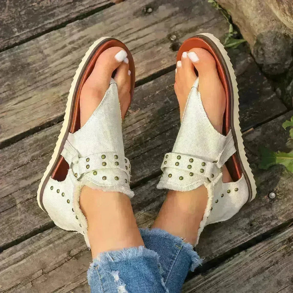 Denim Thong Sandals With Rear Zipper Summer Retro Beach Flat Sandals - EX-STOCK CANADA