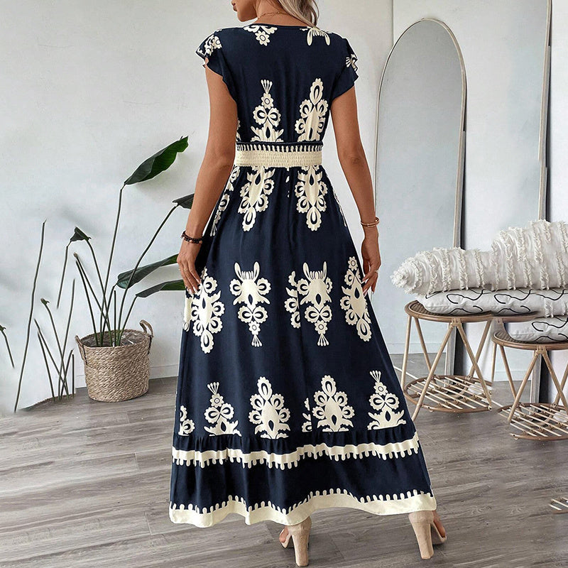 Women's Summer Flowy Maxi Dress Casual Cap Sleeve V Neck Smocked Waist Beach Sundress EX-STOCK