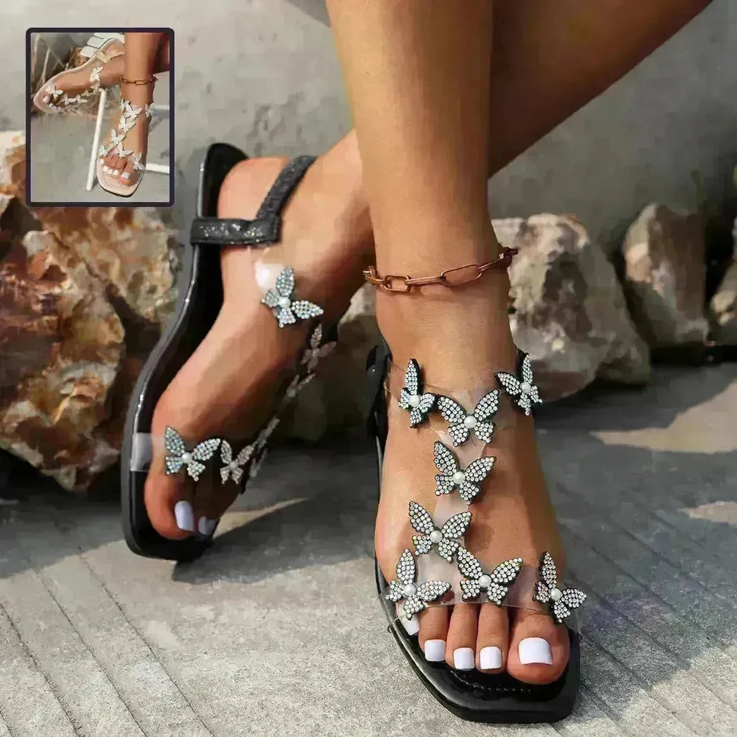 Luxury New Butterfly Rhinestone Platform Sandals Summer Square Toe Flat Shoes For Women - EX-STOCK CANADA