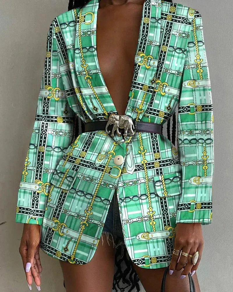 Fashion Printed Shawl Collar Single-breasted Belt Vintage Blazer Women - EX-STOCK CANADA