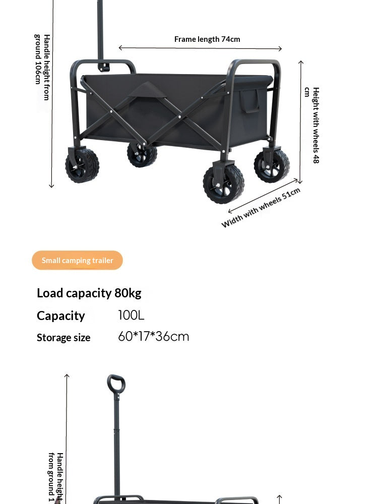 Black folding camping wagon with dimension annotations showing frame length, height, and wheel measurements, plus text listing load capacity 80kg, 100L capacity, and 60*17*36 cm storage size.