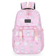 Pink backpack with cat patterns and a visible brand label on a white background