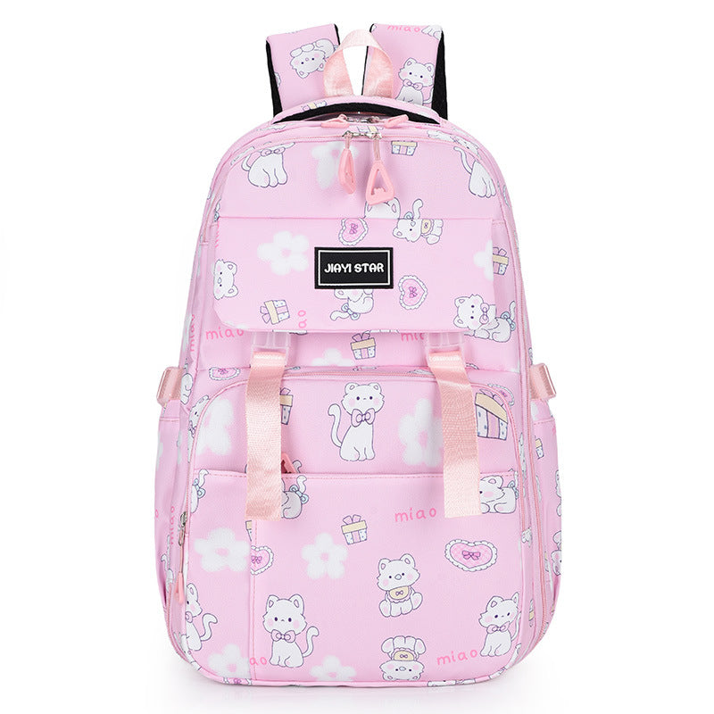 Pink backpack with cat patterns and a visible brand label on a white background