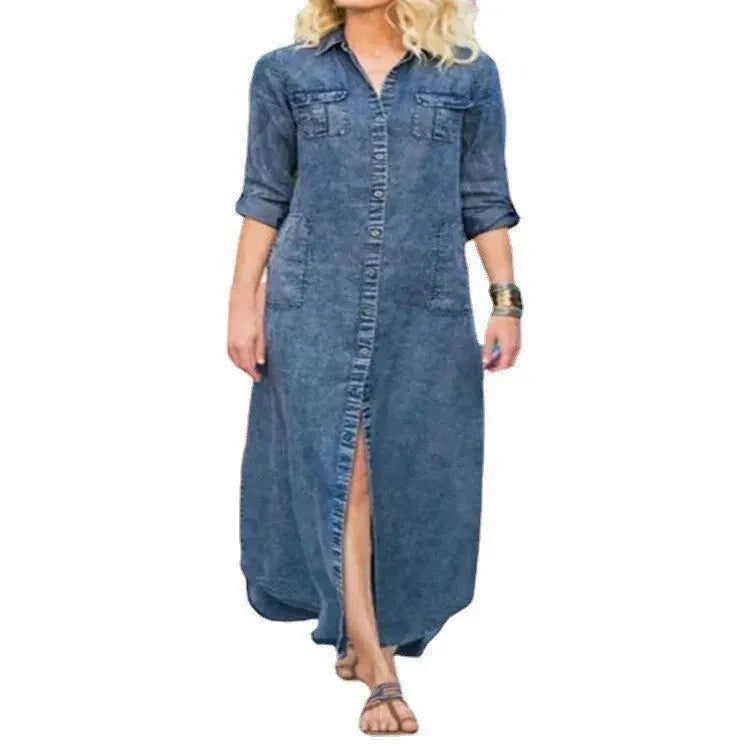 Summer New Women's Loose Solid Color Casual Single-breasted Denim Dress - EX-STOCK CANADA