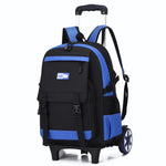 Black and blue backpack with wheels on a white background