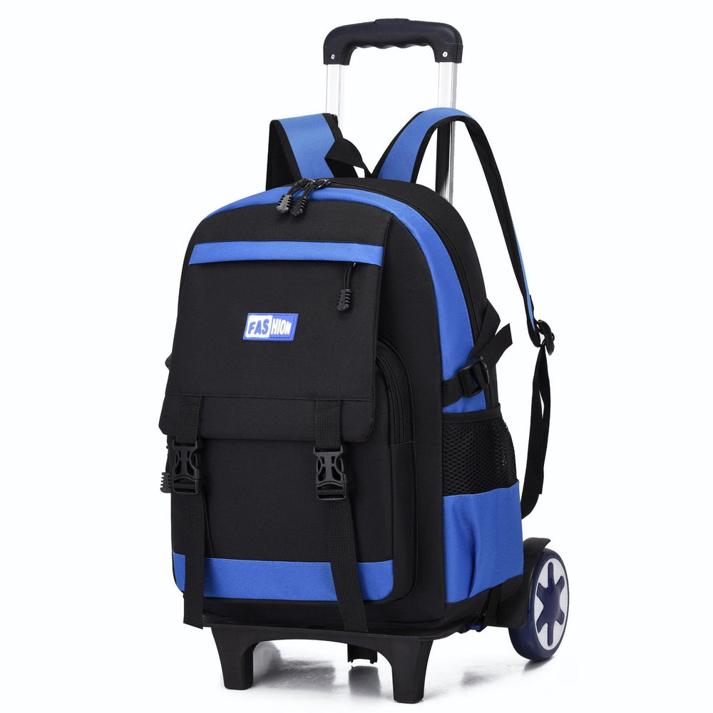 Black and blue backpack with wheels on a white background