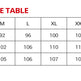 A size chart table titled 'PANTS SIZE TABLE' with columns for size M, L, XL, XXL, and XXXL and rows for waistline, hips, and foreign minister measurements in centimeters.