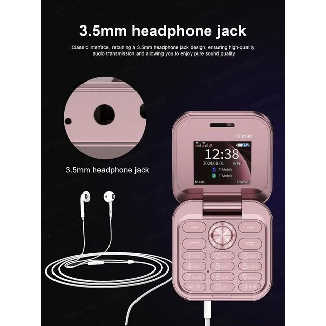 Pink flip phone with 3.5mm headphone jack on a black background
