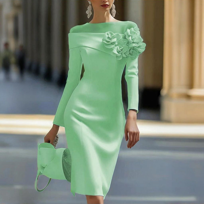 Women's Floral Embellished Long Sleeve Solid Color Round Neck A-Line Bodycon Party Dress For Spring&Summer Vacation EX-STOCK