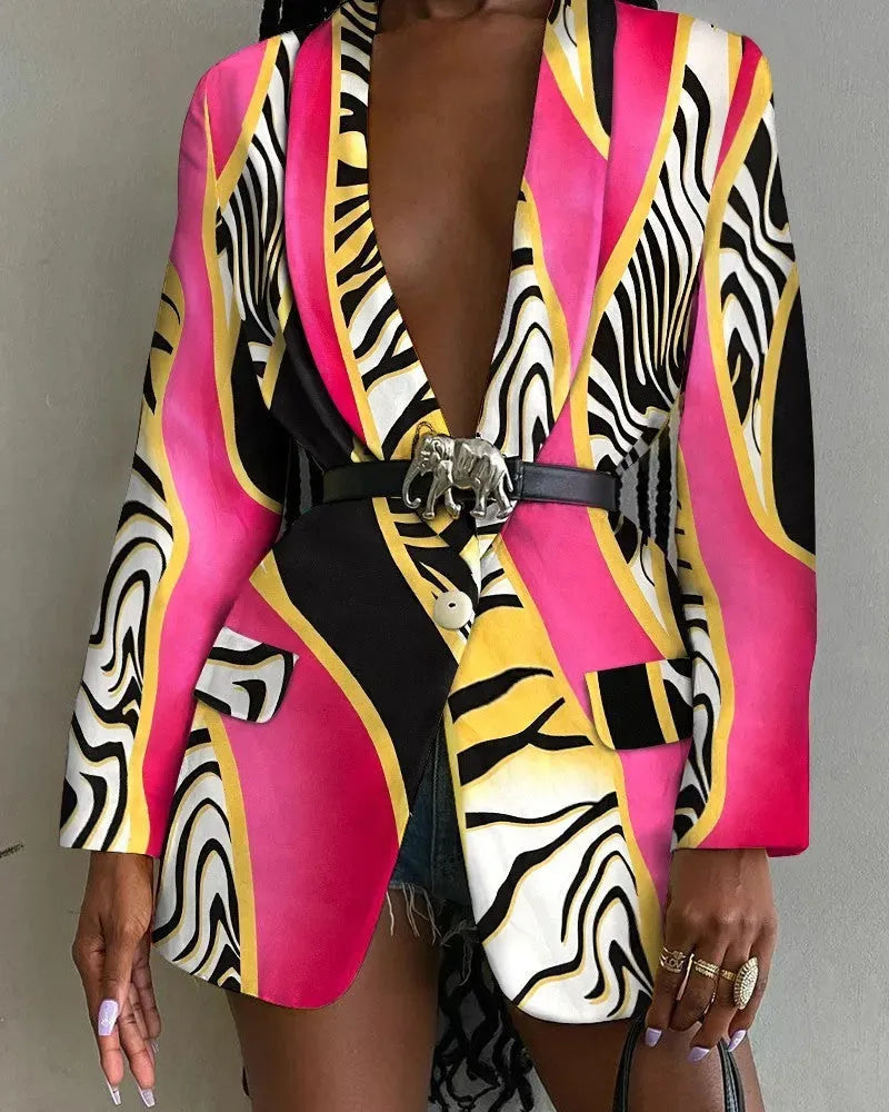 Fashion Printed Shawl Collar Single-breasted Belt Vintage Blazer Women - EX-STOCK CANADA