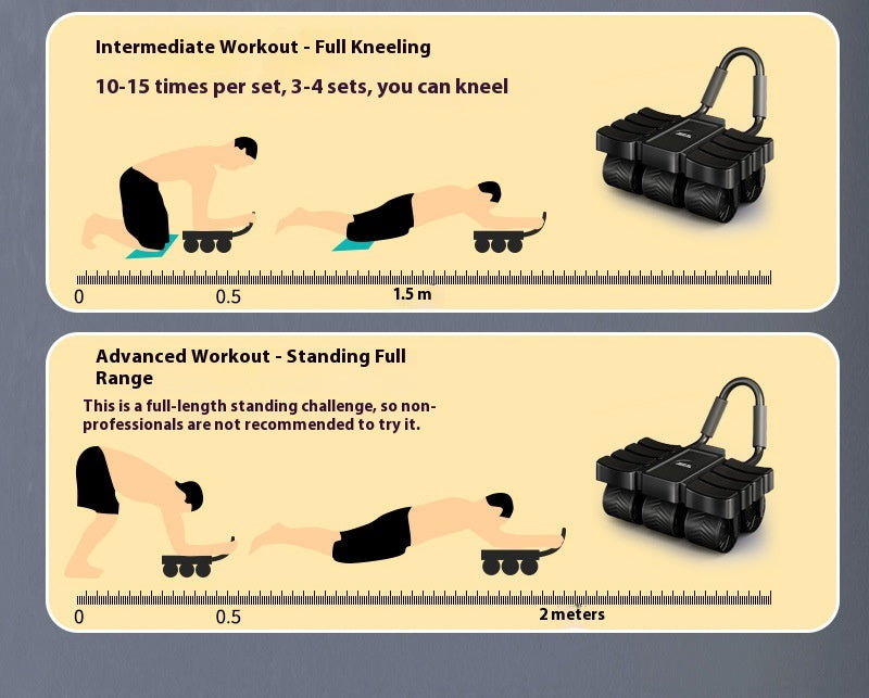 Instruction graphic showing two workout variations with illustrated figures using a black wheeled roller barbell, plus distance markings and product views on a beige background.
