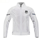 White motorcycle jacket with brand logos on a white background