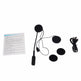 Motorcycle helmet intercom system with microphone, earpieces, and USB cable on a white background