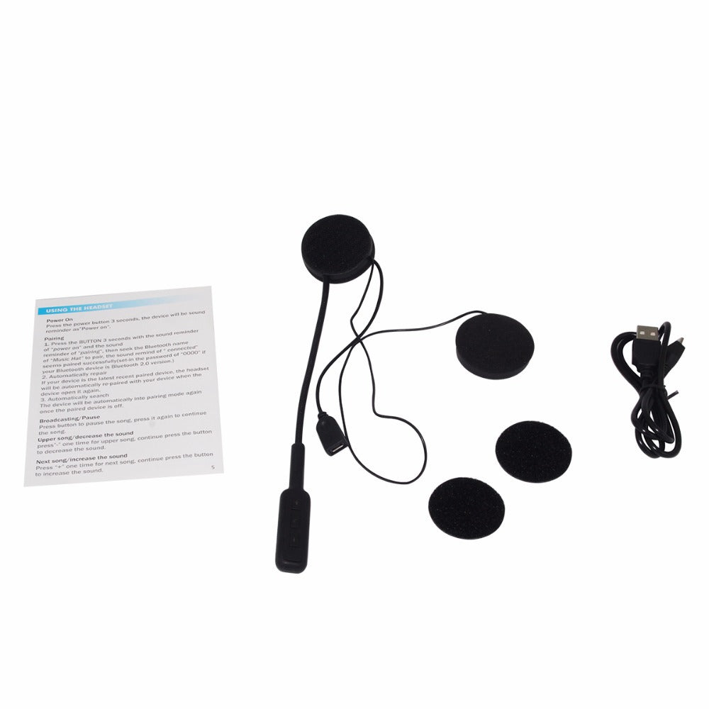 Motorcycle helmet intercom system with microphone, earpieces, and USB cable on a white background