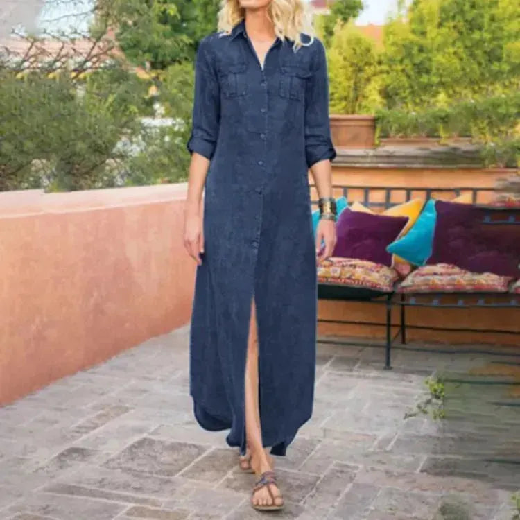 Summer New Women's Loose Solid Color Casual Single-breasted Denim Dress - EX-STOCK CANADA