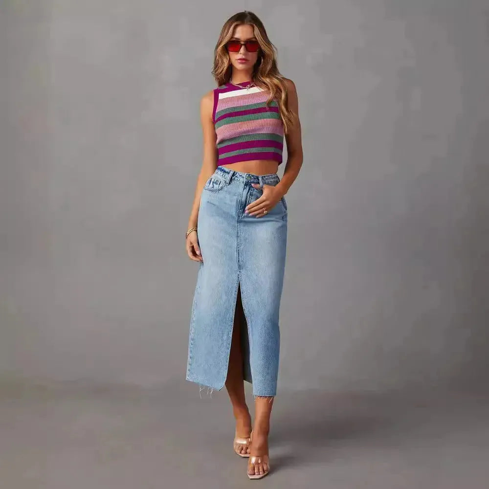 Women's Fashion Slimming front split Midi Denim Skirt - EX-STOCK CANADA