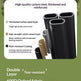 Promotional graphic for reinforced carbon steel layers and 600D Oxford fabric, showing several black metal tubes on a white panel with text describing thickness, reinforcement, and rust-resistant coating, plus a green lower section with additional product text.