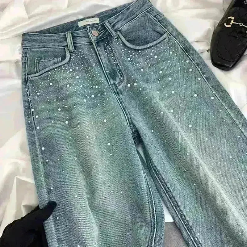 Starry Diamond In The Debris Rhinestone Straight Baggy Jeans Pant For Women - EX-STOCK CANADA