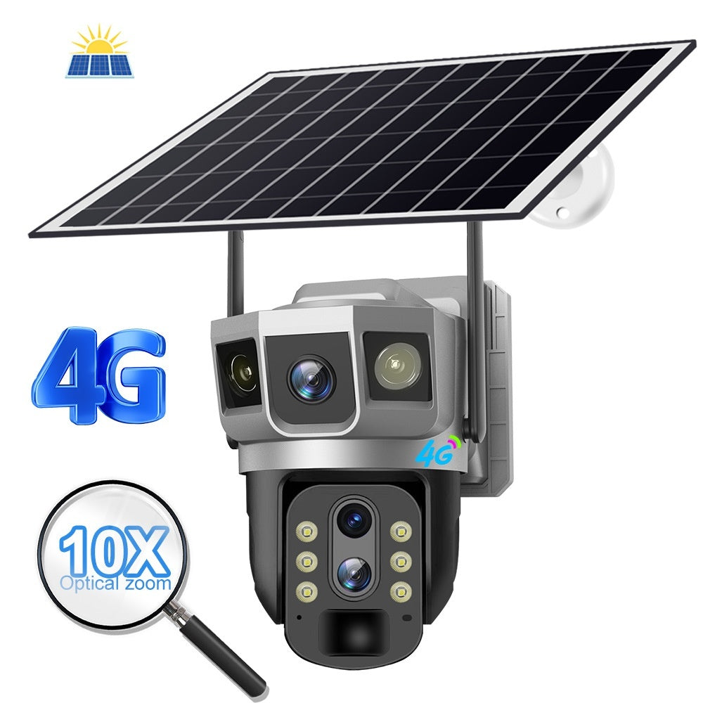 Solar-powered security camera with 4G connectivity and 10x optical zoom on a white background.