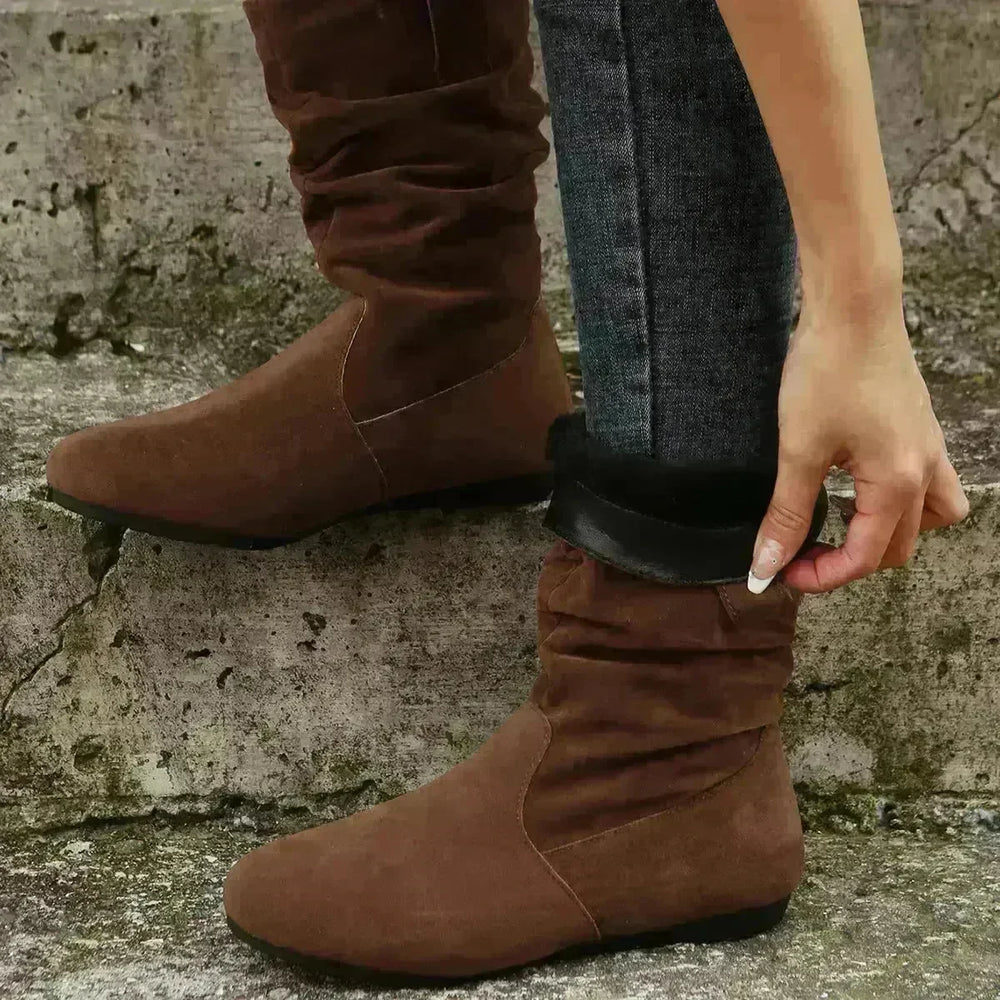 Round Toe Flat Boots Fashion Solid Color Suede Mid-calf Boot Winter Warm Shoes For Women - EX-STOCK CANADA