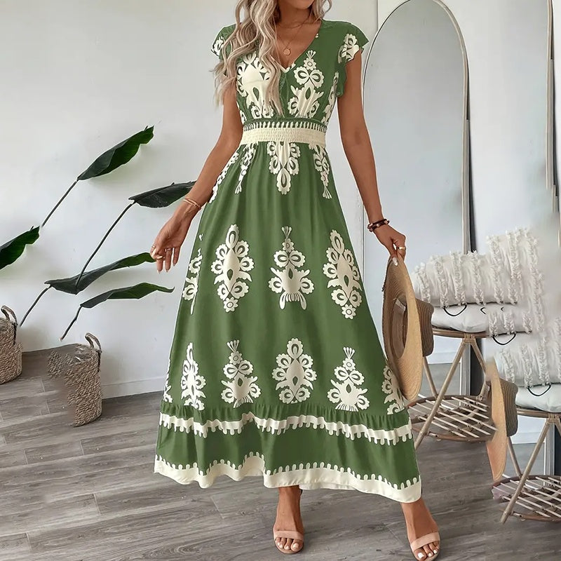 Women's Summer Flowy Maxi Dress Casual Cap Sleeve V Neck Smocked Waist Beach Sundress EX-STOCK
