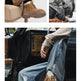A collage showing a person wearing tan lace-up boots with a textured pattern and chunky lug soles in different settings, including sitting on a chair and leaning on a car door. The top left corner includes the text 'DETAILS SHOW'.