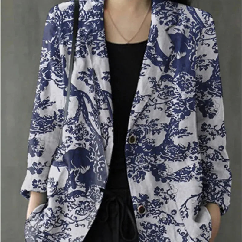 Women's floral Cotton Linen jacket Pocket Blazer - EX-STOCK CANADA