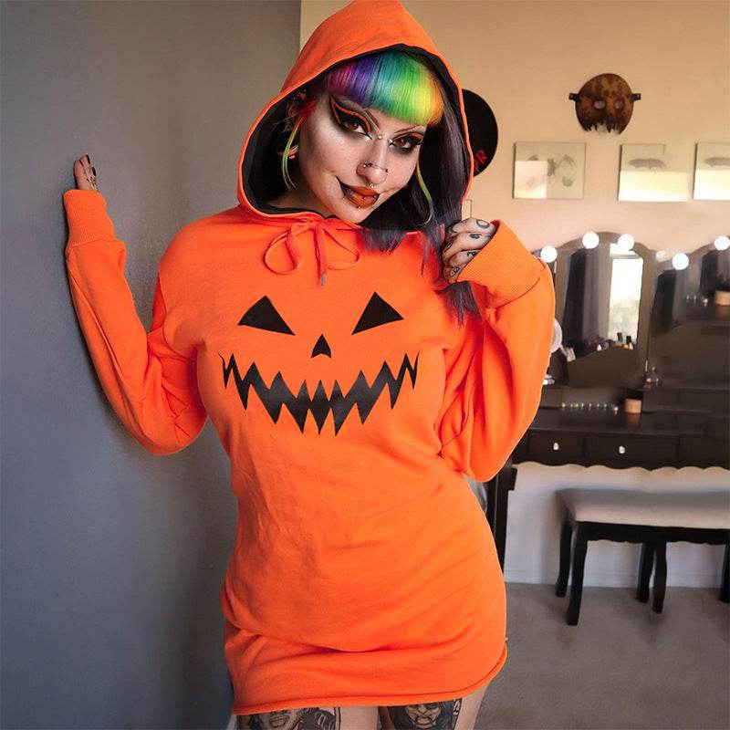 Halloween Costume Pumpkin Print Long Sleeve Hoodie Dress EX-STOCK
