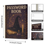 Password book with witch hat design, dimensions, and features listed.