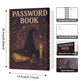 Password book with witch hat design, dimensions, and features listed.