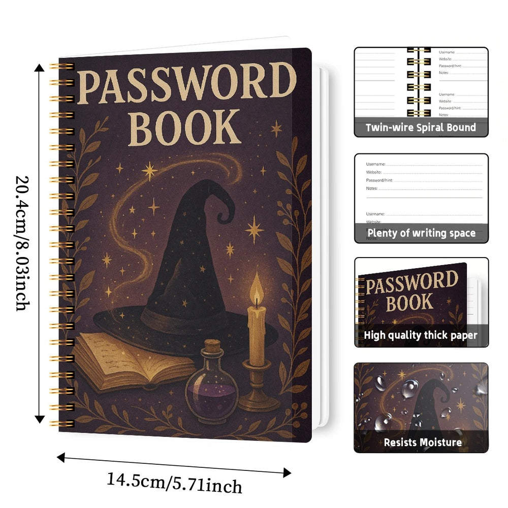 Password book with witch hat design, dimensions, and features listed.
