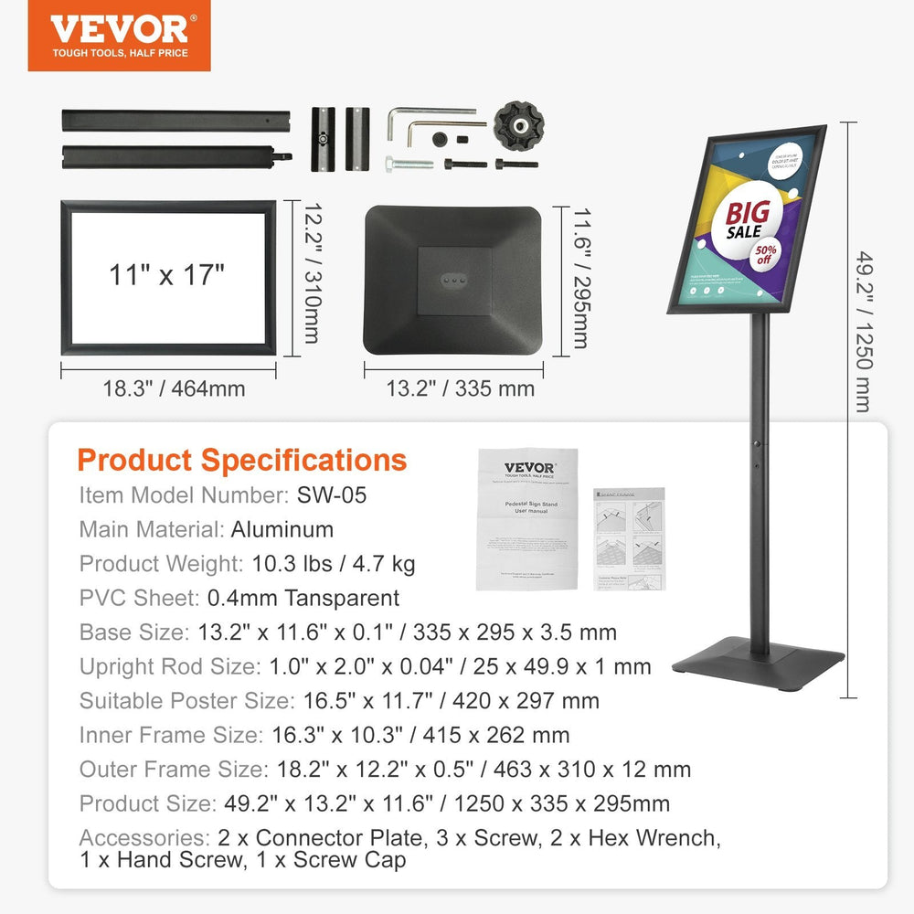 Pedestal Sign Holder, 11 X 17 Inch Vertical And Horizontal Adjustable Poster Stand, Heavy-Duty Floor Standing Sign Holder With Metal Base For Display, Advertisement, And Outdoor, Black EX-STOCK