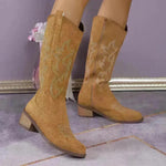 Women's Retro Pointed Toe Chunky Heel Solid Color Side Zipper Mid-calf Cowboy Boot - EX-STOCK CANADA