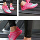 A three-panel collage showing a person wearing bright pink athletic sneakers with pale blue accents while running on a treadmill. The top-left panel includes small text reading 'Sports and fitness equipment.