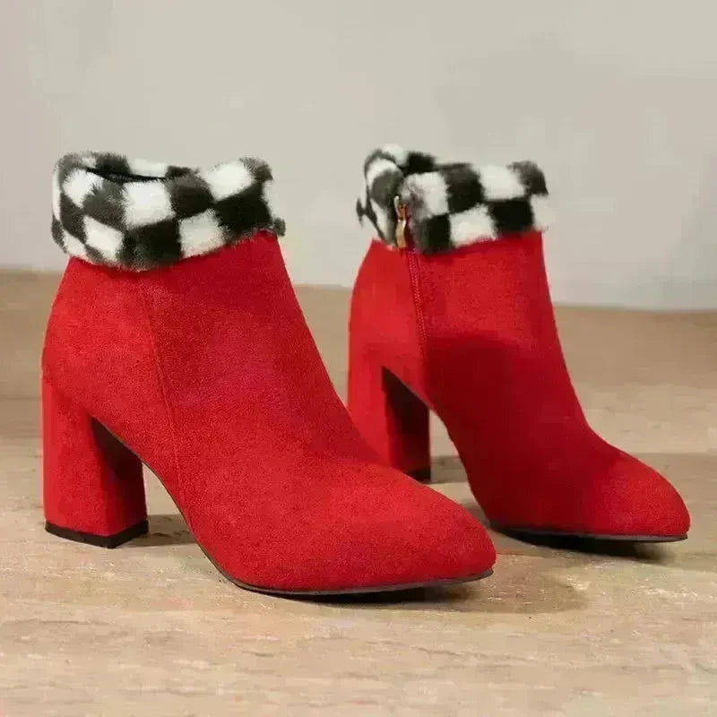 New Plaid Print Plush Ankle Boots Winter Fashion Square Heel Suede Boots Women Casual Versatile Shoes Autumn And Winter - EX-STOCK CANADA