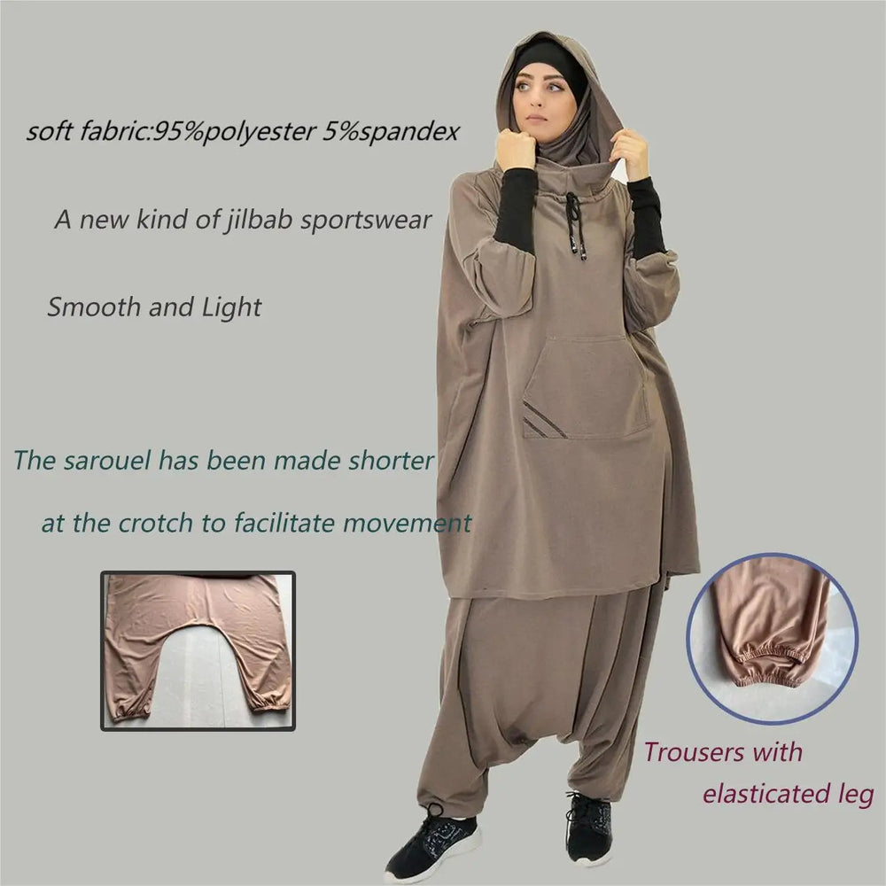 Middle East Arabic Solid Color Hooded Drawstring Pocket Two-piece Sports Suit - EX-STOCK Canada
