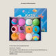 Box of colorful fantasy bubble bath balls with a blue 'Bath' themed box on a beige background.