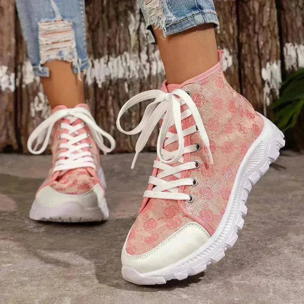 Botas de cordón impresas de rosa moda zapatos de lona transpirable deportes informes no deslizantes botas cortas gruesas para mujeres