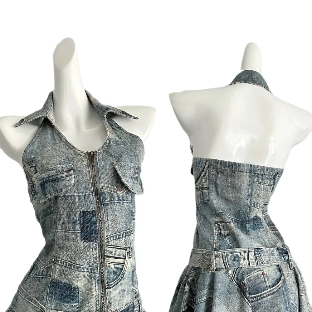 Waist-tight Halter Denim Dress Women's Distressed Retro Slimming Skirt - EX-STOCK CANADA