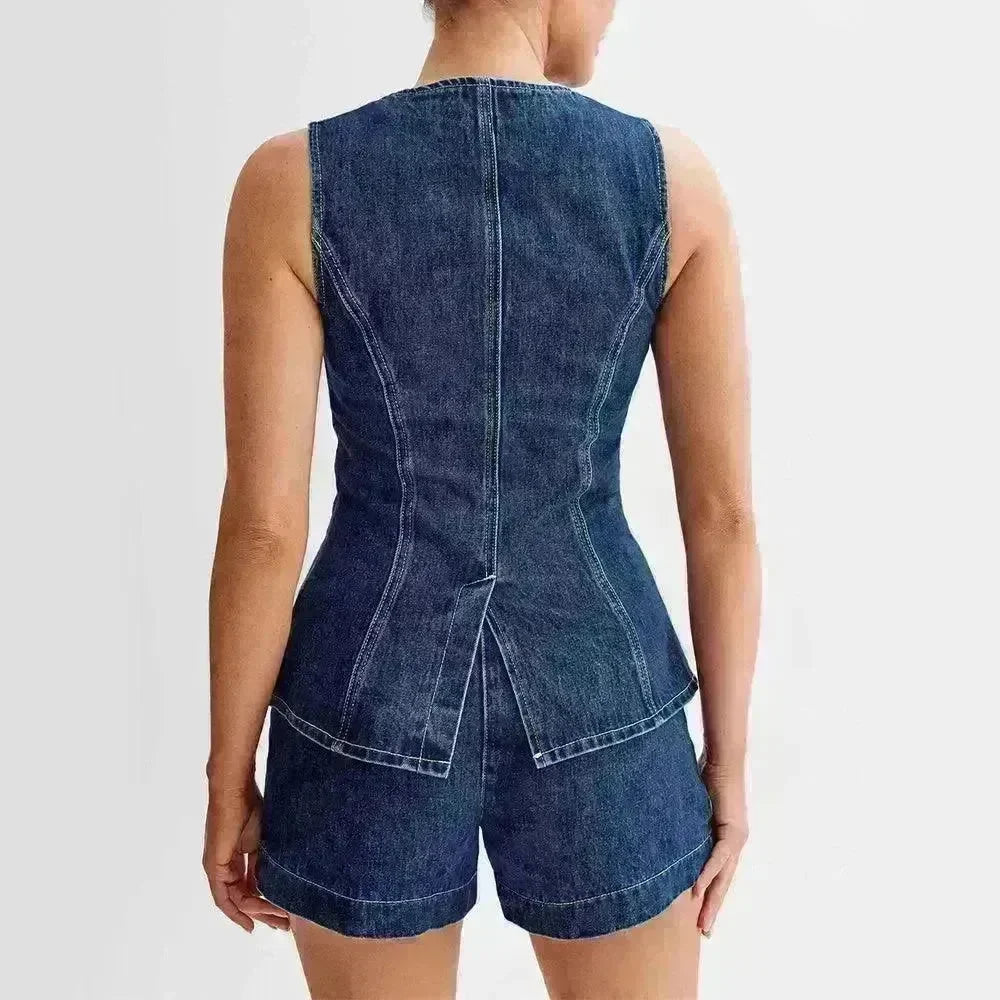 Fashion Denim Suit Summer Casual Sleeveless Button Vest Top And High Waist Shorts Set For Women - EX-STOCK CANADA